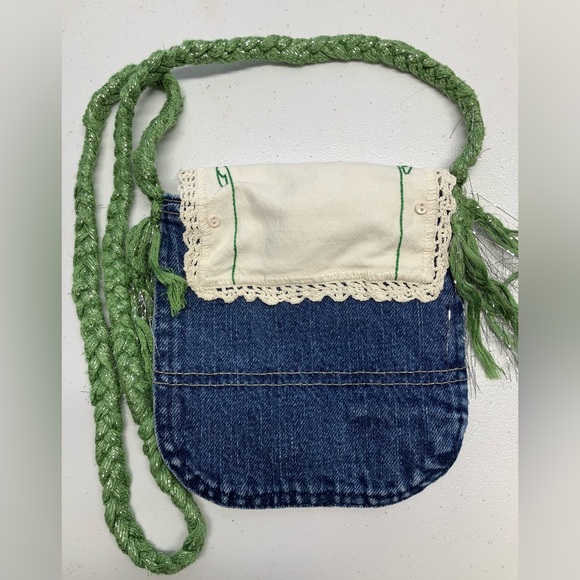 Handmade Upcycled Denim Crossbody Purse, Embroidered, Handstitched, Vintage - Picture 2 of 5